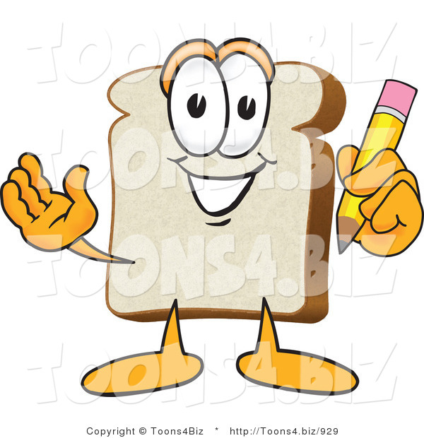 Vector Illustration of a Cartoon Bread Mascot Holding a Yellow Pencil with an Eraser