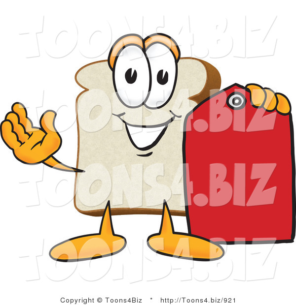 Vector Illustration of a Cartoon Bread Mascot Holding out a Red Clearance Sales Price Tag