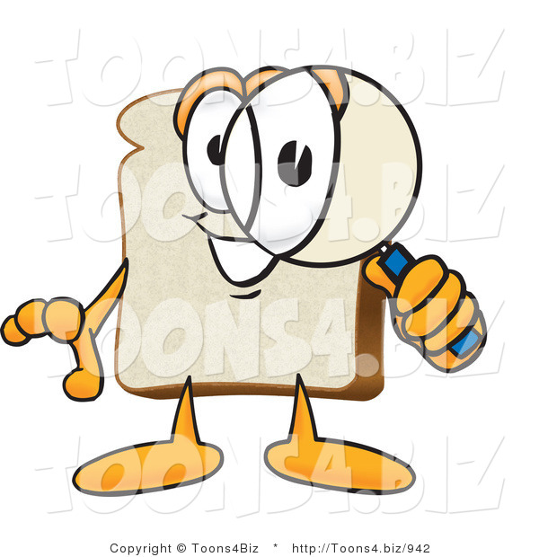 Vector Illustration of a Cartoon Bread Mascot Peering Through a Magnifying Glass