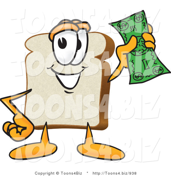 Vector Illustration of a Cartoon Bread Mascot Waving a Banknote