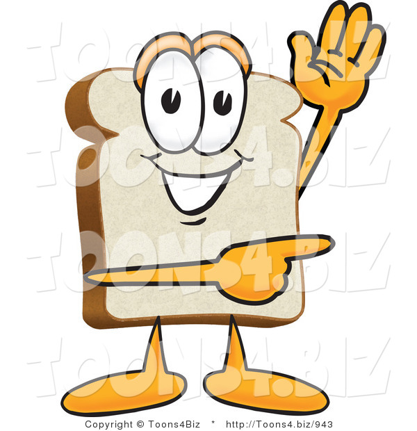Vector Illustration of a Cartoon Bread Mascot Waving and Pointing