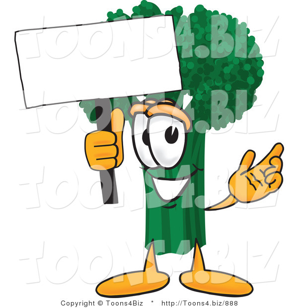 Vector Illustration of a Cartoon Broccoli Mascot Holding a Blank White Sign