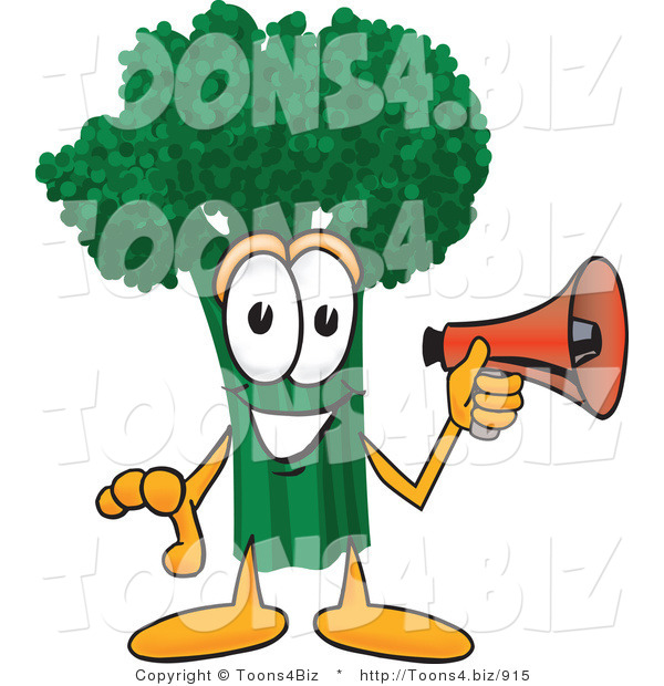 Vector Illustration of a Cartoon Broccoli Mascot Holding a Bullhorn Megaphone