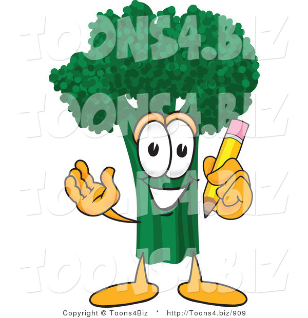 Vector Illustration of a Cartoon Broccoli Mascot Holding a Pencil