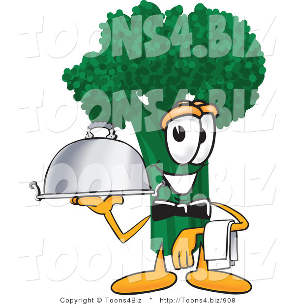 Vector Illustration of a Cartoon Broccoli Mascot Serving a Dinner Platter While Waiting Tables in a Restaurant