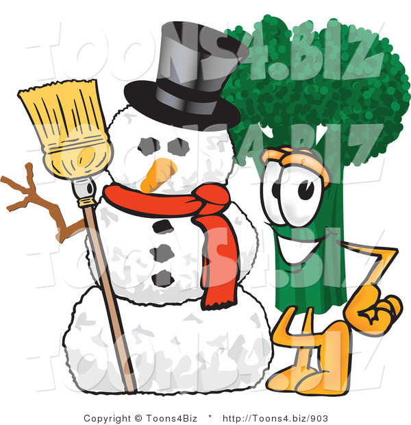 Vector Illustration of a Cartoon Broccoli Mascot Standing by a Snowman
