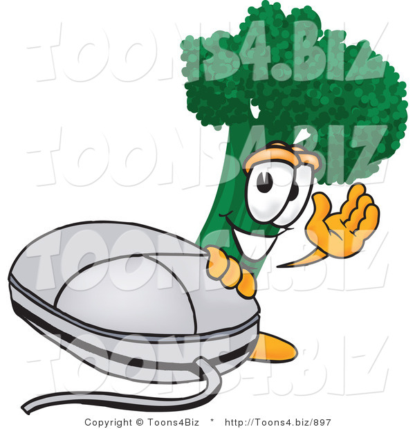 Vector Illustration of a Cartoon Broccoli Mascot Waving and Standing by a Computer Mouse