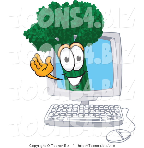 Vector Illustration of a Cartoon Broccoli Mascot Waving from Inside a Computer Screen