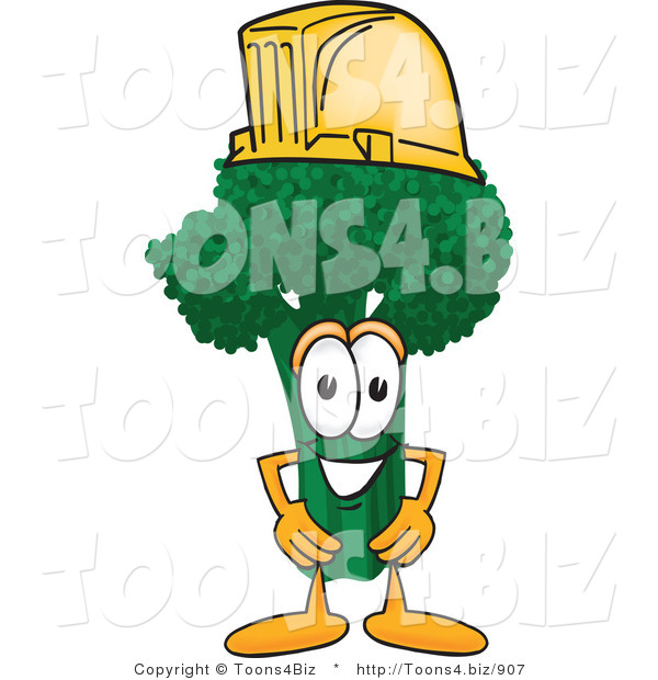 Vector Illustration of a Cartoon Broccoli Mascot Wearing a Yellow Hardhat Helmet