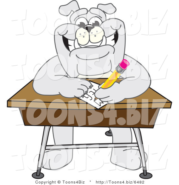 Vector Illustration of a Cartoon Bulldog Mascot Doing Homework at a School Desk