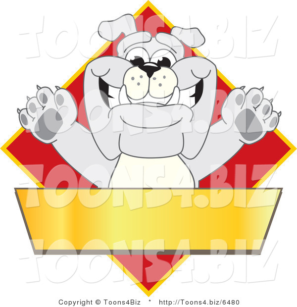 Vector Illustration of a Cartoon Bulldog Mascot over a Red Diamond Above a Blank Gold Banner