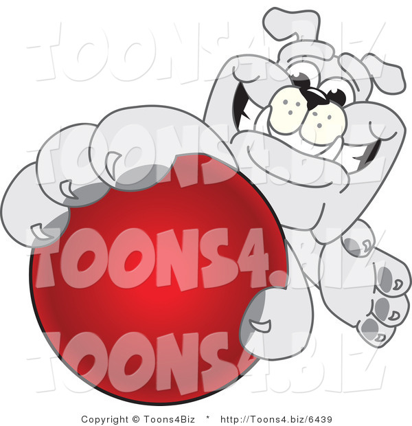 Vector Illustration of a Cartoon Bulldog Mascot Reaching up and Grabbing a Red Ball