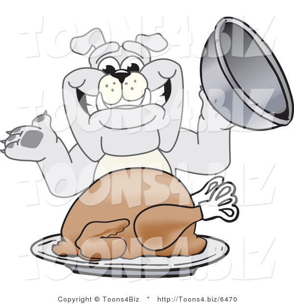 Vector Illustration of a Cartoon Bulldog Mascot Serving a Thanksgiving Turkey