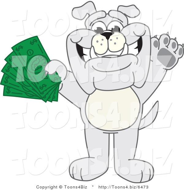 Vector Illustration of a Cartoon Bulldog Mascot Standing and Holding Cash