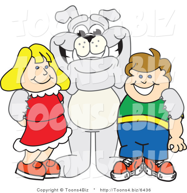 Vector Illustration of a Cartoon Bulldog Mascot Standing with School Children