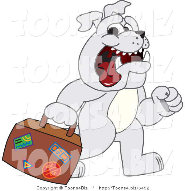 Vector Illustration of a Cartoon Bulldog Mascot Walking and Carrying a Suitcase