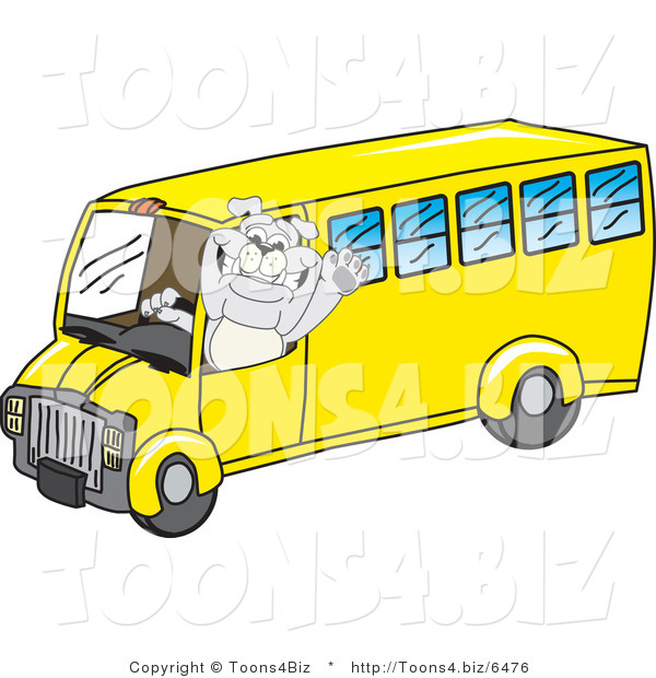 Vector Illustration of a Cartoon Bulldog Mascot Waving and Driving a School Bus