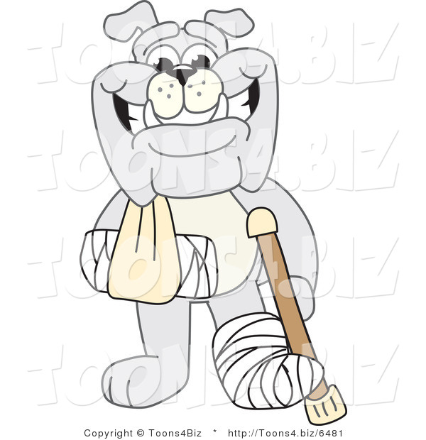 Vector Illustration of a Cartoon Bulldog Mascot with a Crutch, Sling and Cast