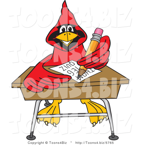 Vector Illustration of a Cartoon Cardinal Mascot Doing Homework at a Desk