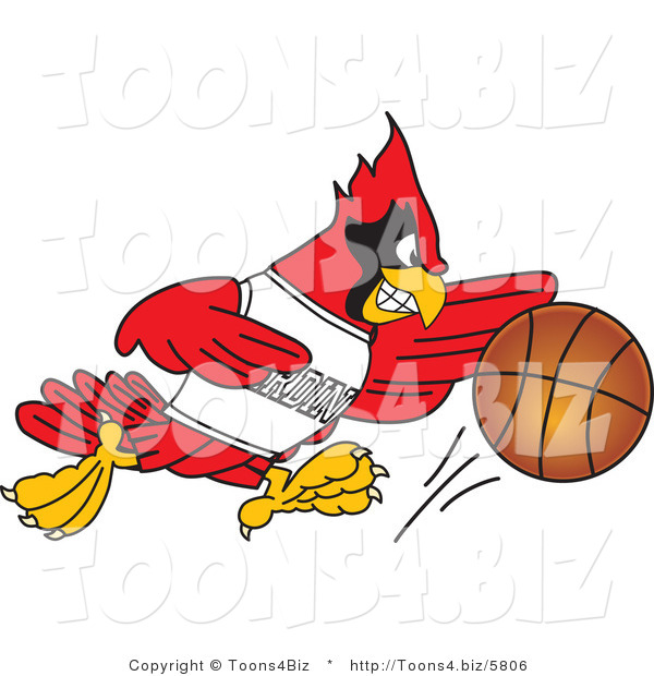 Vector Illustration of a Cartoon Cardinal Mascot Dribbling a Basketball