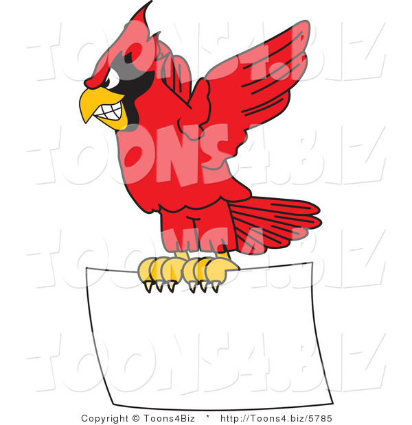 Vector Illustration of a Cartoon Cardinal Mascot Flying with a Blank Sign