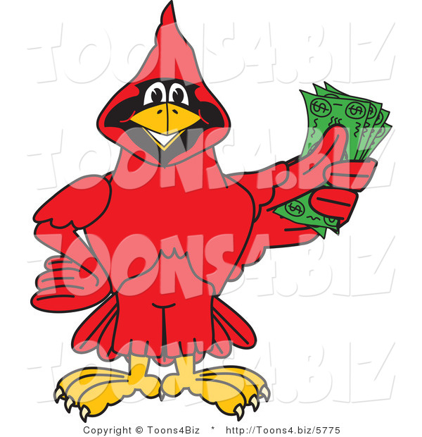 Vector Illustration of a Cartoon Cardinal Mascot Holding Cash