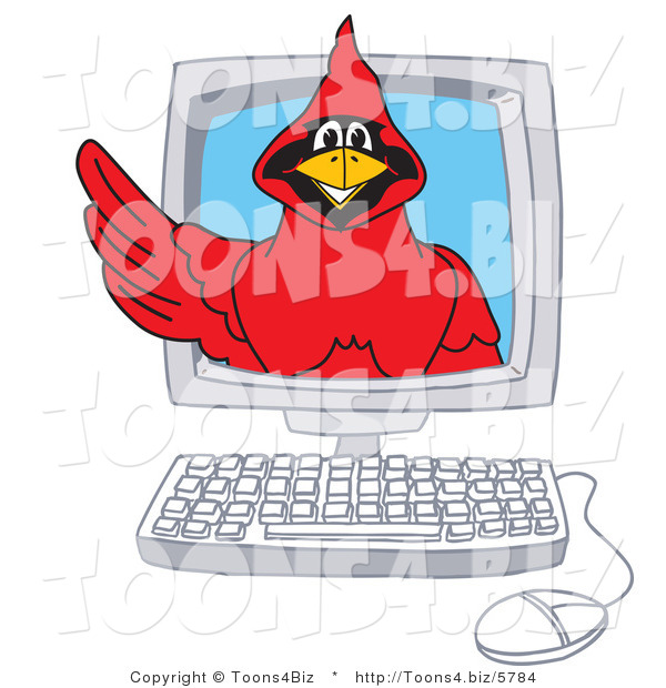 Vector Illustration of a Cartoon Cardinal Mascot in a Computer