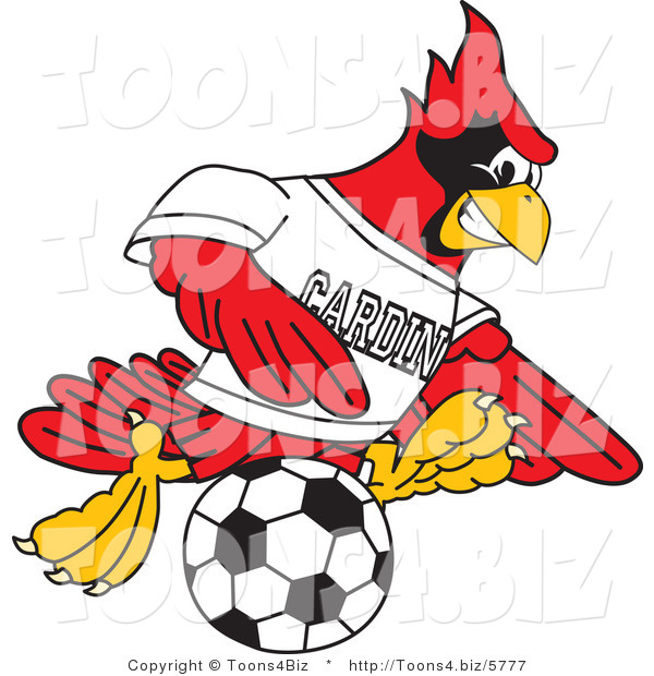 Vector Illustration of a Cartoon Cardinal Mascot Kicking a Soccer Ball