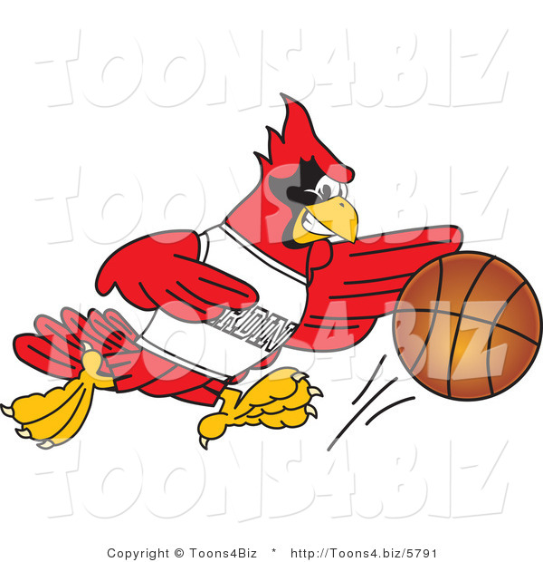 Vector Illustration of a Cartoon Cardinal Mascot Playing Basketball