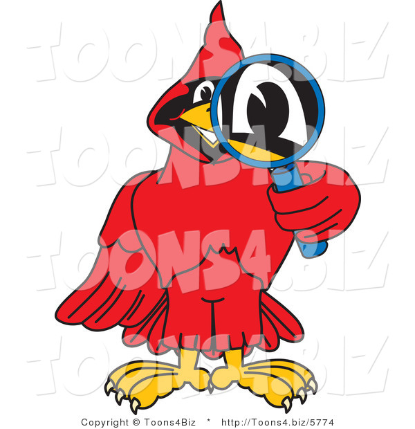 Vector Illustration of a Cartoon Cardinal Mascot Using a Magnifying Glass