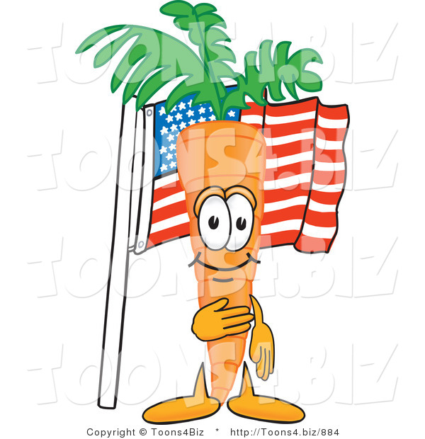 Vector Illustration of a Cartoon Carrot Mascot Pledging Allegiance to an American Flag