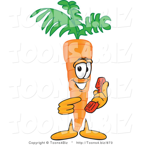 Vector Illustration of a Cartoon Carrot Mascot Pointing to a Red Telephone