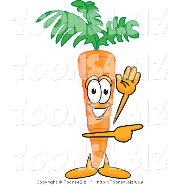 Vector Illustration of a Cartoon Carrot Mascot Waving and Pointing to the Right