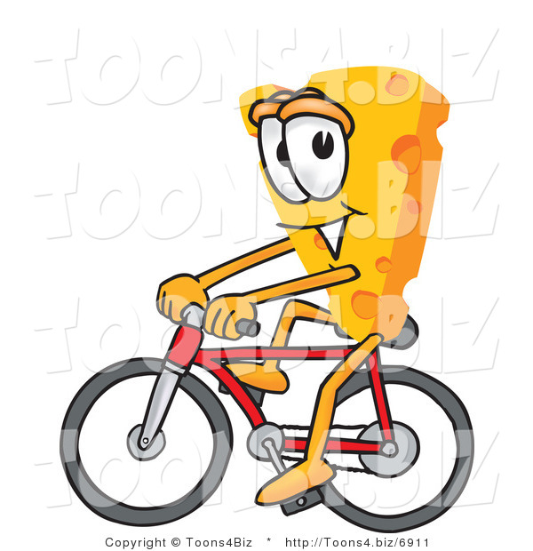 Vector Illustration of a Cartoon Cheese Mascot Bicycling - Royalty Free Vector Illustration