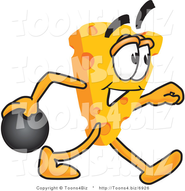 Vector Illustration of a Cartoon Cheese Mascot Bowling - Royalty Free Vector Illustration