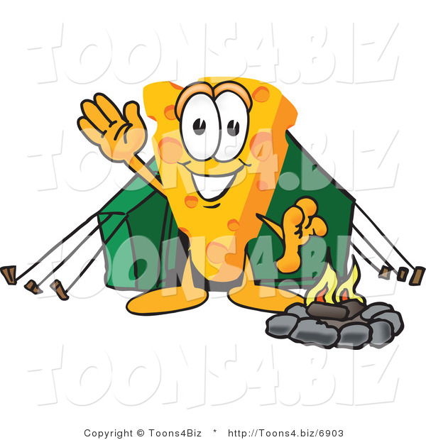 Vector Illustration of a Cartoon Cheese Mascot Camping - Royalty Free Vector Illustration