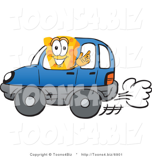 Vector Illustration of a Cartoon Cheese Mascot Driving - Royalty Free Vector Illustration