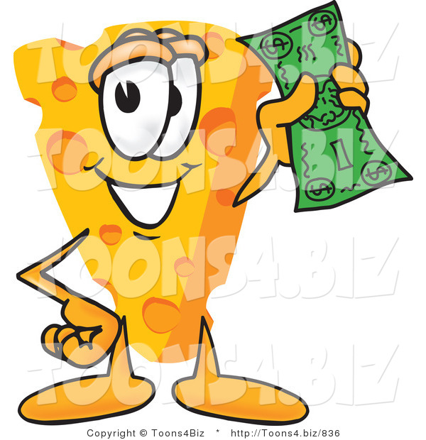 Vector Illustration of a Cartoon Cheese Mascot Holding a Green Dollar Bill