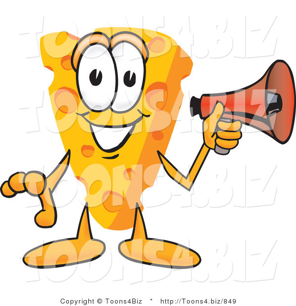 Vector Illustration of a Cartoon Cheese Mascot Holding a Red Bullhorn Megaphone and Preparing to Make an Announcement