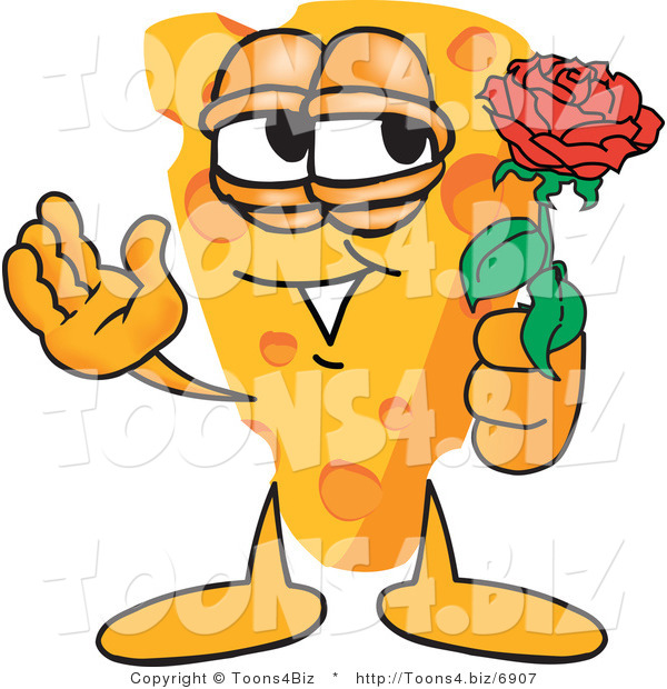 Vector Illustration of a Cartoon Cheese Mascot Holding a Rose - Royalty Free Vector Illustration