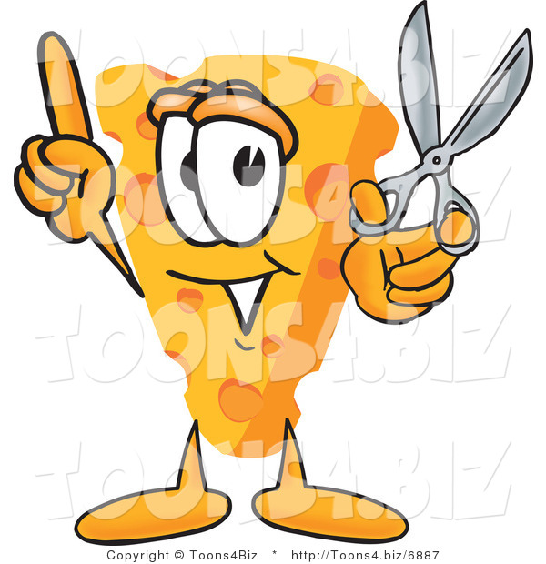 Vector Illustration of a Cartoon Cheese Mascot Holding Scissors - Royalty Free Vector Illustration