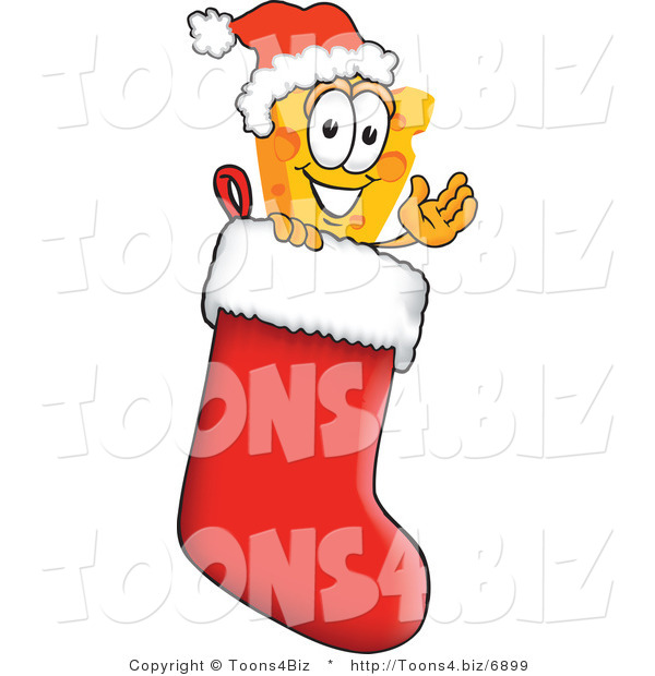 Vector Illustration of a Cartoon Cheese Mascot in a Christmas Stocking - Royalty Free Vector Illustration