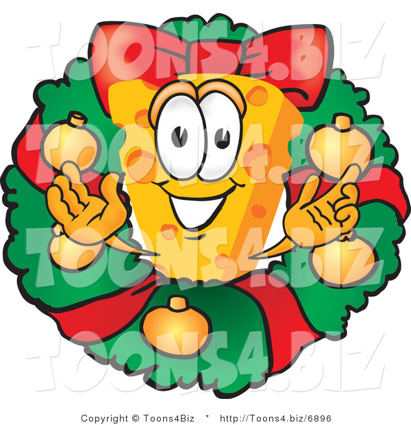 Vector Illustration of a Cartoon Cheese Mascot in a Christmas Wreath - Royalty Free Vector Illustration