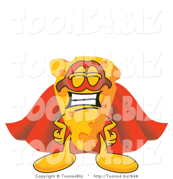 Vector Illustration of a Cartoon Cheese Mascot in a Super Hero Cape and Mask