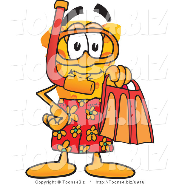 Vector Illustration of a Cartoon Cheese Mascot in Red Snorkel Gear - Royalty Free Vector Illustration