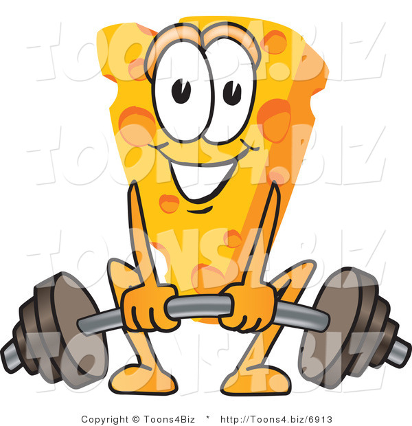 Vector Illustration of a Cartoon Cheese Mascot Lifting Weights - Royalty Free Vector Illustration