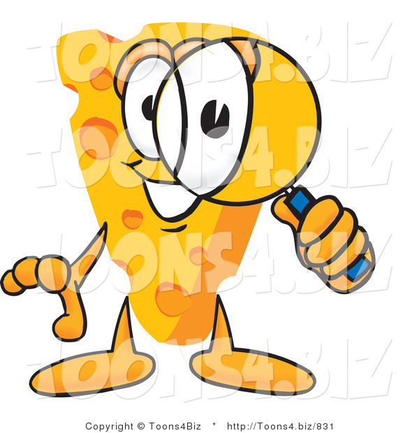 Vector Illustration of a Cartoon Cheese Mascot Looking Through a Magnifying Glass