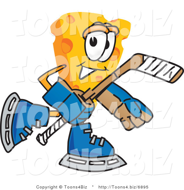 Vector Illustration of a Cartoon Cheese Mascot Playing Hockey - Royalty Free Vector Illustration