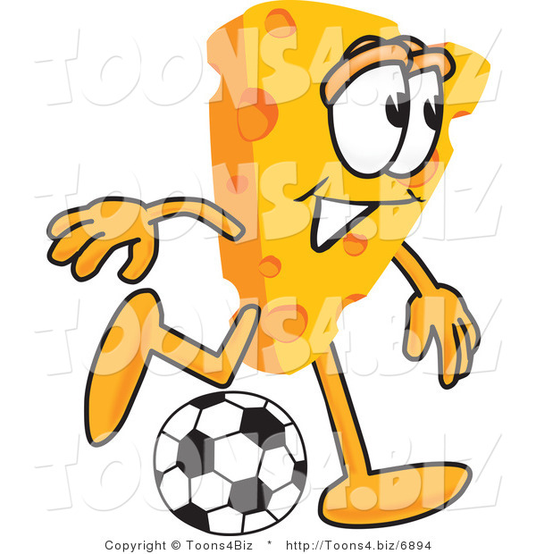 Vector Illustration of a Cartoon Cheese Mascot Playing Soccer - Royalty Free Vector Illustration