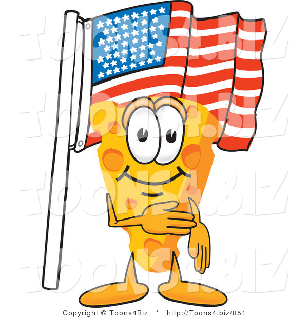 Vector Illustration of a Cartoon Cheese Mascot Pledging Allegiance to the American Flag